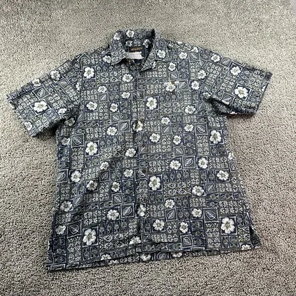 Woolrich Hawaiian Shirt Mens Large Blue White Polynesian Cotton Button Up FLAW - Picture 2 of 13